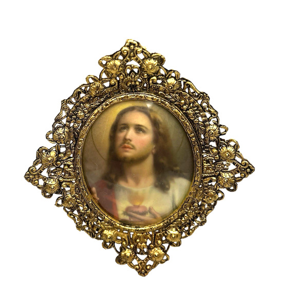 Convex Glass Framed Jesus Mini Print Religious Art Decor Gold Filagree Frame VTG